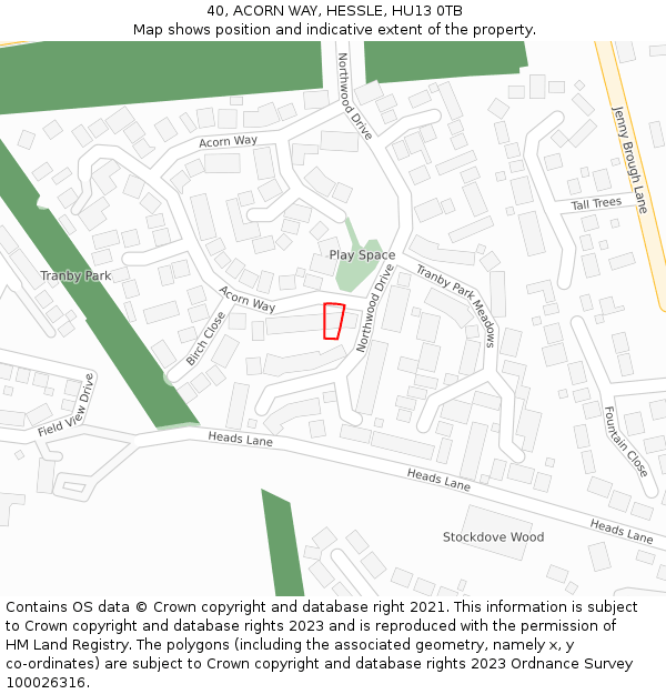 40, ACORN WAY, HESSLE, HU13 0TB: Location map and indicative extent of plot