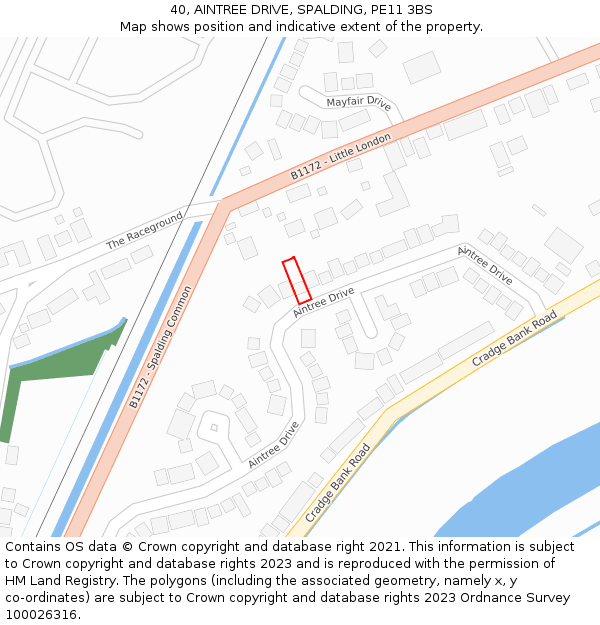 40, AINTREE DRIVE, SPALDING, PE11 3BS: Location map and indicative extent of plot