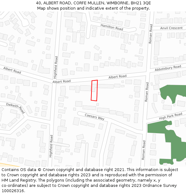 40, ALBERT ROAD, CORFE MULLEN, WIMBORNE, BH21 3QE: Location map and indicative extent of plot