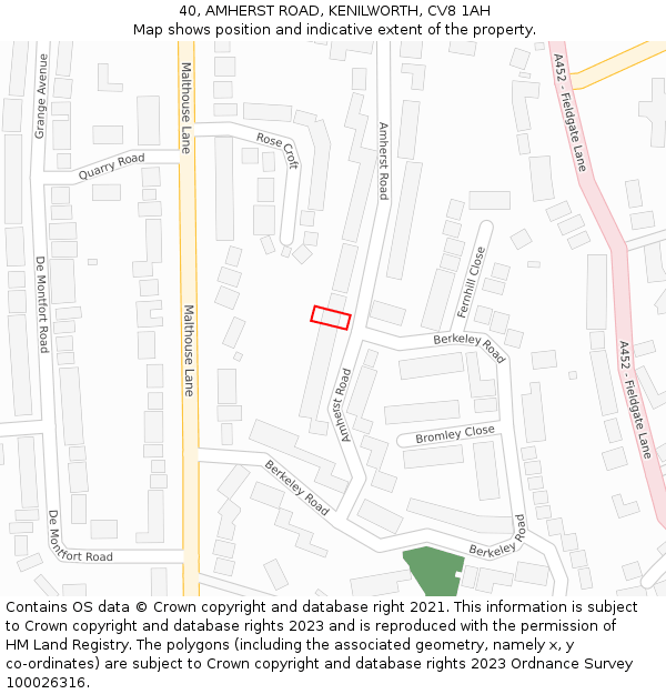 40, AMHERST ROAD, KENILWORTH, CV8 1AH: Location map and indicative extent of plot