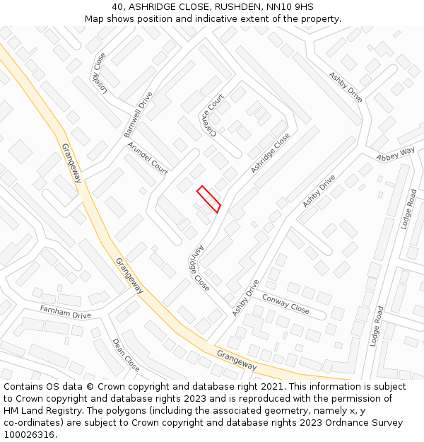 40, ASHRIDGE CLOSE, RUSHDEN, NN10 9HS: Location map and indicative extent of plot