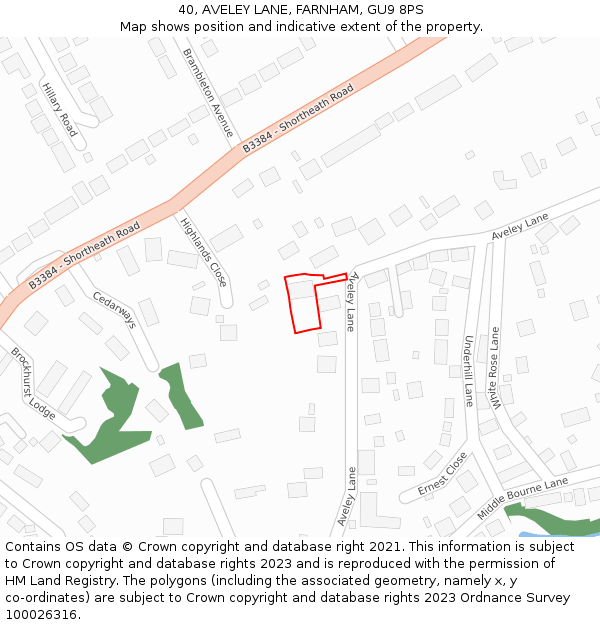 40, AVELEY LANE, FARNHAM, GU9 8PS: Location map and indicative extent of plot