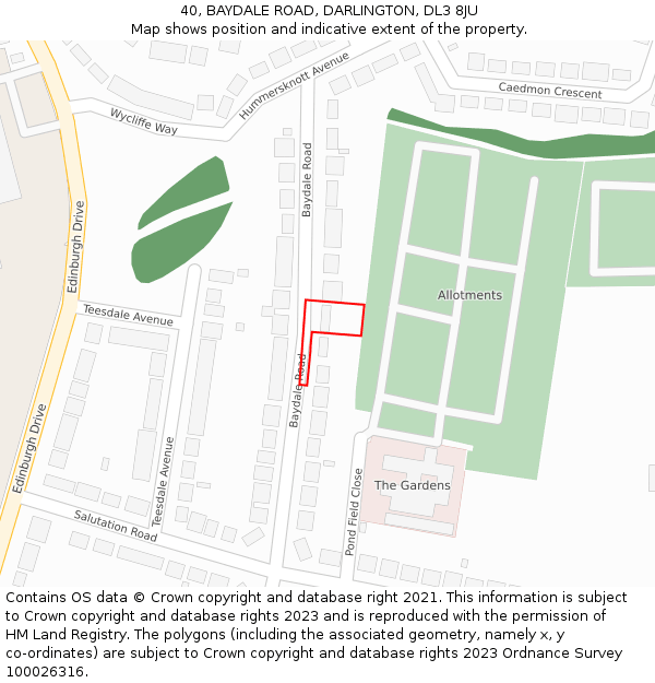 40, BAYDALE ROAD, DARLINGTON, DL3 8JU: Location map and indicative extent of plot