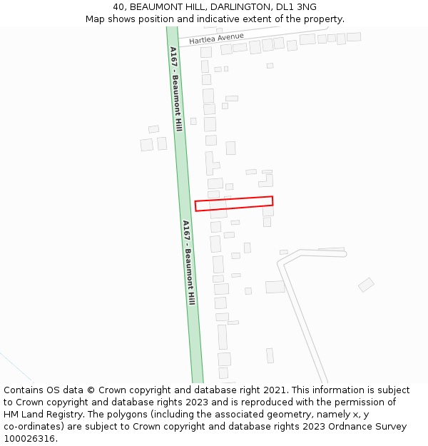 40, BEAUMONT HILL, DARLINGTON, DL1 3NG: Location map and indicative extent of plot