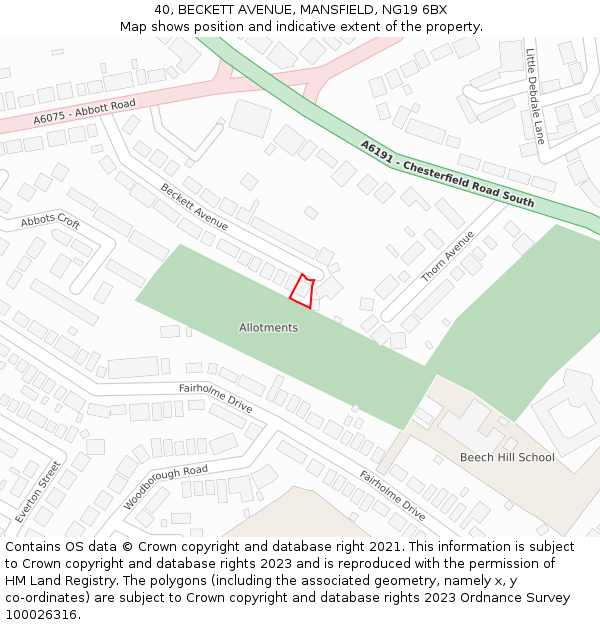 40, BECKETT AVENUE, MANSFIELD, NG19 6BX: Location map and indicative extent of plot