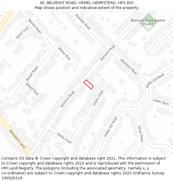 40, BELMONT ROAD, HEMEL HEMPSTEAD, HP3 9NY: Location map and indicative extent of plot
