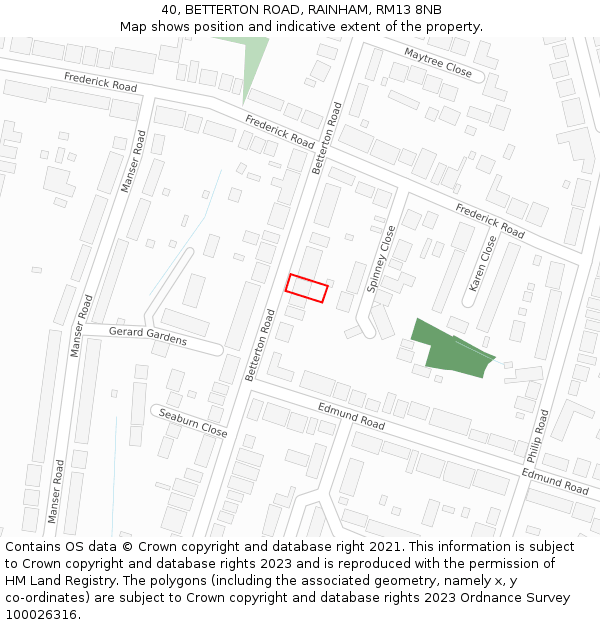 40, BETTERTON ROAD, RAINHAM, RM13 8NB: Location map and indicative extent of plot