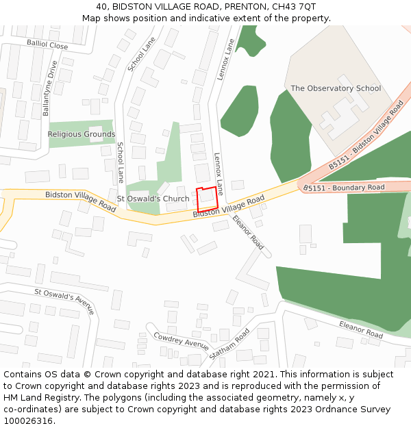 40, BIDSTON VILLAGE ROAD, PRENTON, CH43 7QT: Location map and indicative extent of plot