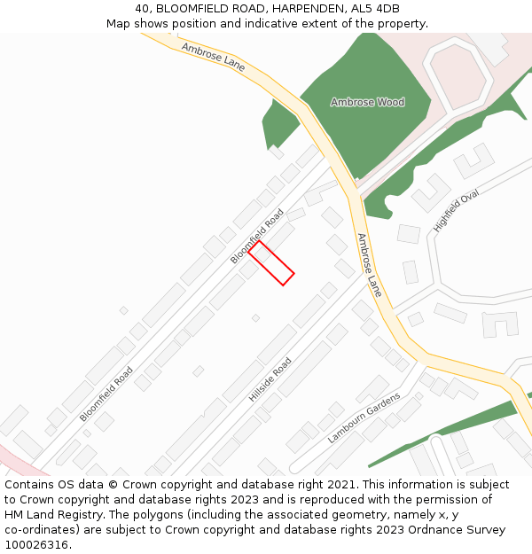 40, BLOOMFIELD ROAD, HARPENDEN, AL5 4DB: Location map and indicative extent of plot