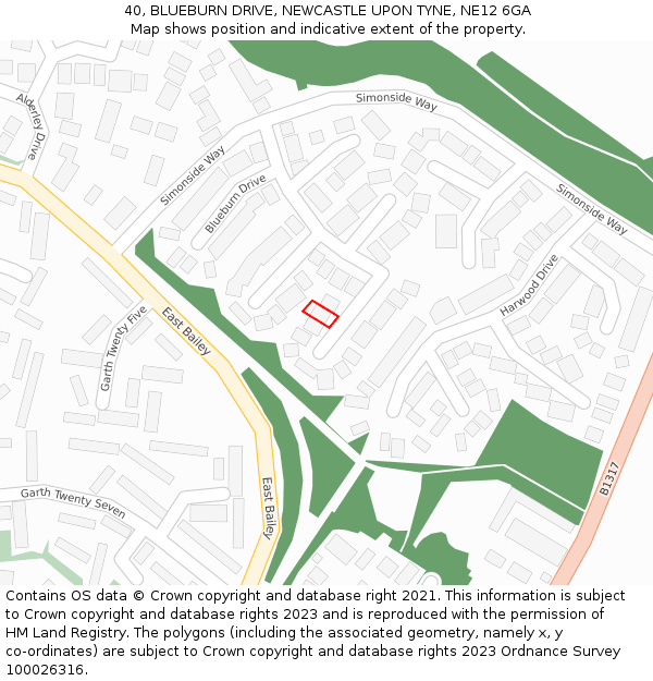 40, BLUEBURN DRIVE, NEWCASTLE UPON TYNE, NE12 6GA: Location map and indicative extent of plot