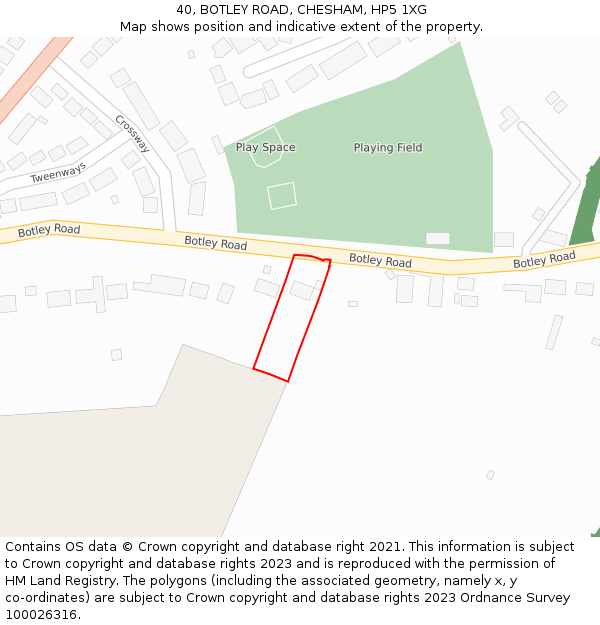 40, BOTLEY ROAD, CHESHAM, HP5 1XG: Location map and indicative extent of plot