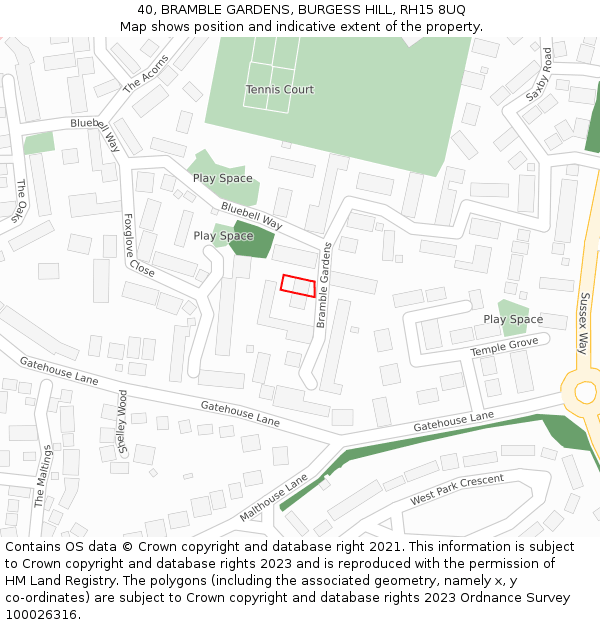 40, BRAMBLE GARDENS, BURGESS HILL, RH15 8UQ: Location map and indicative extent of plot