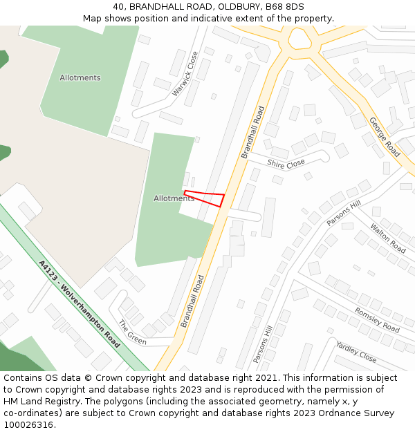 40, BRANDHALL ROAD, OLDBURY, B68 8DS: Location map and indicative extent of plot