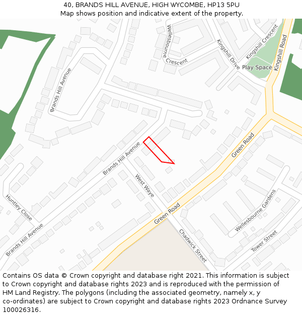 40, BRANDS HILL AVENUE, HIGH WYCOMBE, HP13 5PU: Location map and indicative extent of plot