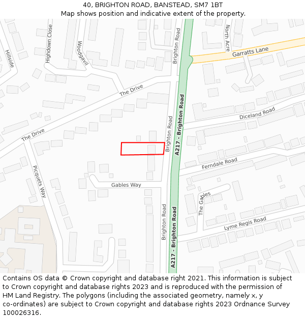 40, BRIGHTON ROAD, BANSTEAD, SM7 1BT: Location map and indicative extent of plot