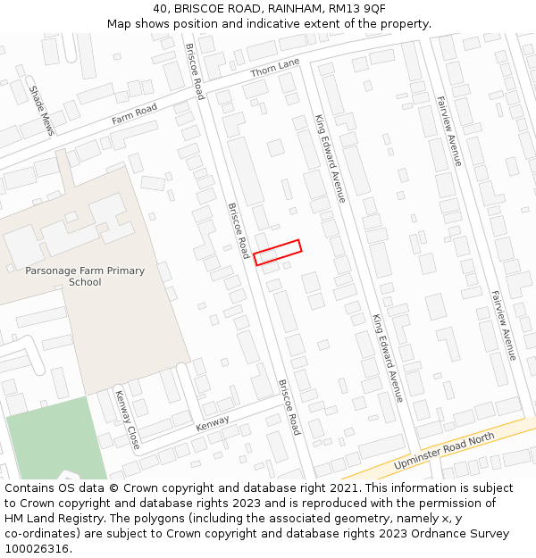 40, BRISCOE ROAD, RAINHAM, RM13 9QF: Location map and indicative extent of plot