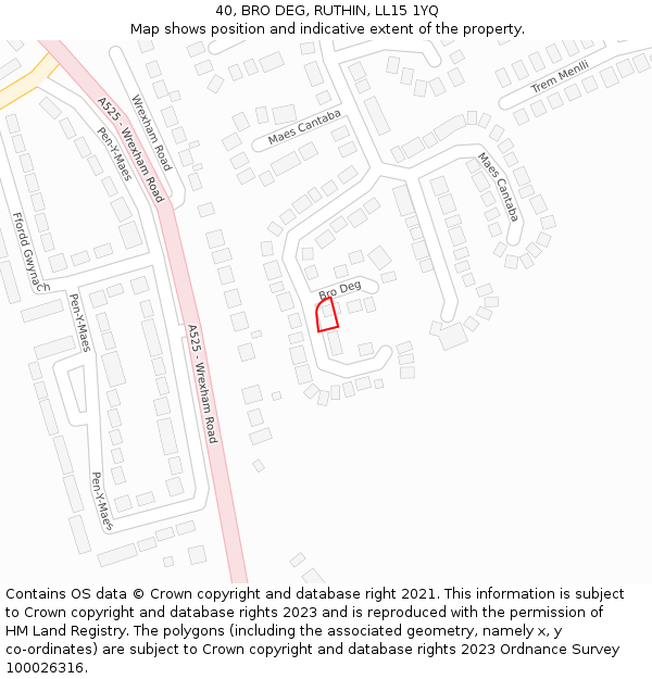 40, BRO DEG, RUTHIN, LL15 1YQ: Location map and indicative extent of plot