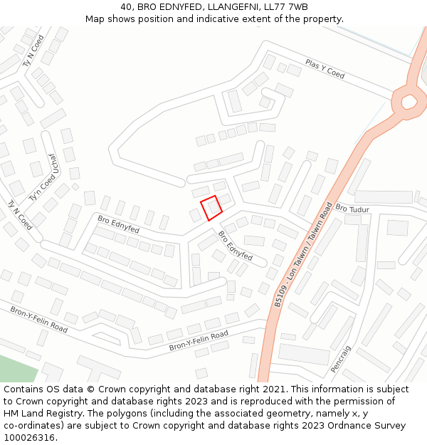40, BRO EDNYFED, LLANGEFNI, LL77 7WB: Location map and indicative extent of plot