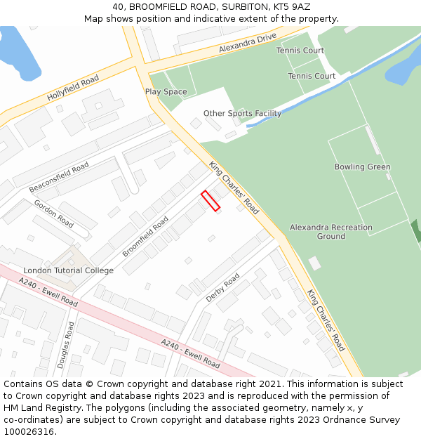 40, BROOMFIELD ROAD, SURBITON, KT5 9AZ: Location map and indicative extent of plot
