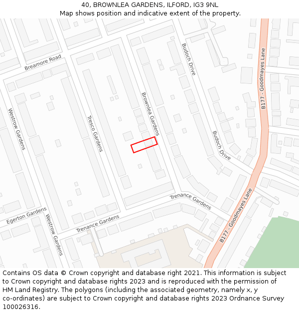 40, BROWNLEA GARDENS, ILFORD, IG3 9NL: Location map and indicative extent of plot
