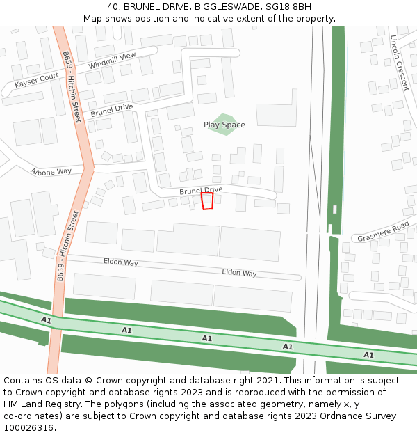 40, BRUNEL DRIVE, BIGGLESWADE, SG18 8BH: Location map and indicative extent of plot