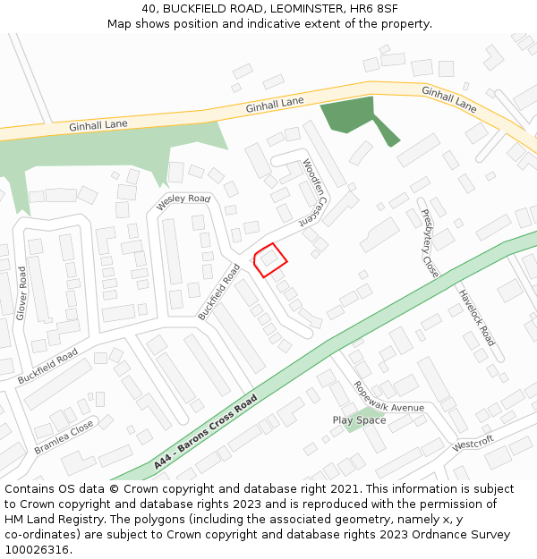 40, BUCKFIELD ROAD, LEOMINSTER, HR6 8SF: Location map and indicative extent of plot