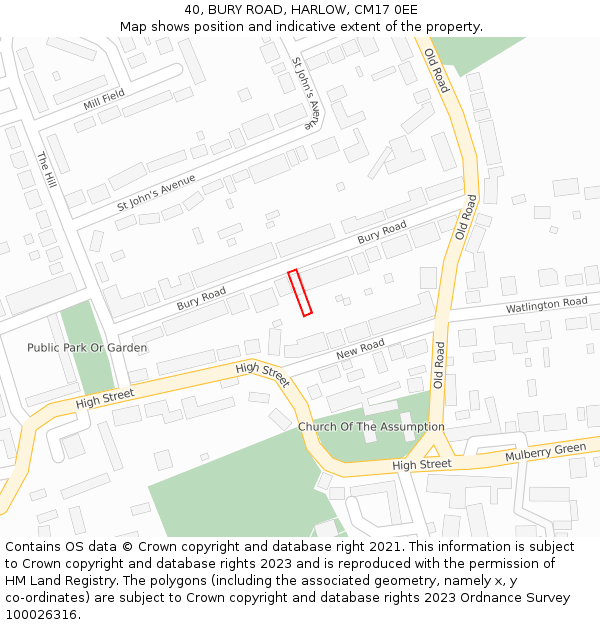 40, BURY ROAD, HARLOW, CM17 0EE: Location map and indicative extent of plot