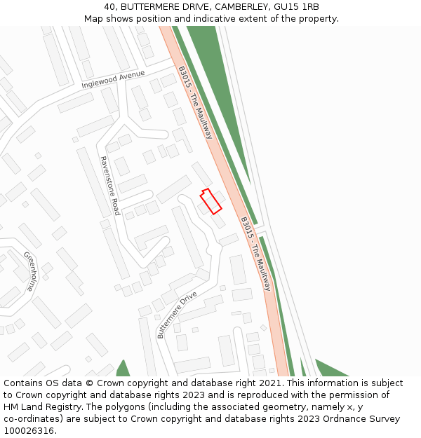 40, BUTTERMERE DRIVE, CAMBERLEY, GU15 1RB: Location map and indicative extent of plot