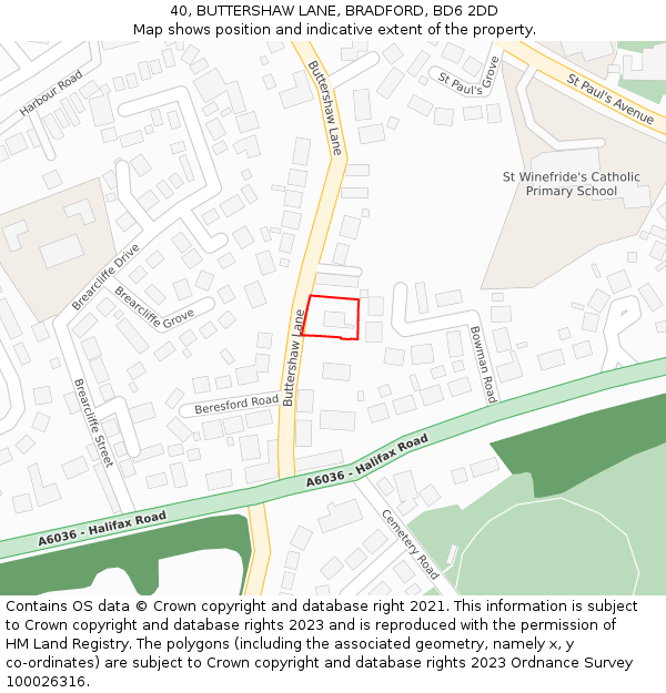 40, BUTTERSHAW LANE, BRADFORD, BD6 2DD: Location map and indicative extent of plot