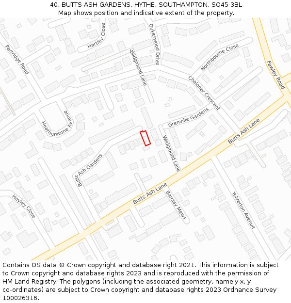 40, BUTTS ASH GARDENS, HYTHE, SOUTHAMPTON, SO45 3BL: Location map and indicative extent of plot