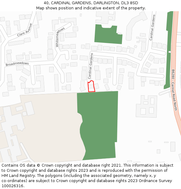 40, CARDINAL GARDENS, DARLINGTON, DL3 8SD: Location map and indicative extent of plot