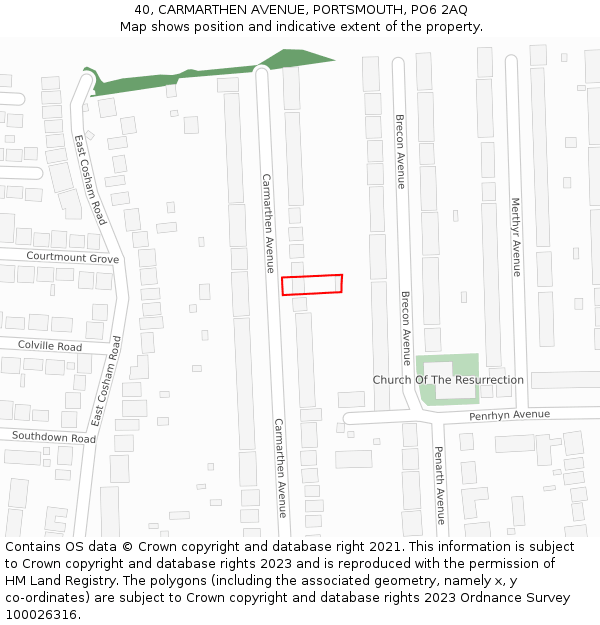 40, CARMARTHEN AVENUE, PORTSMOUTH, PO6 2AQ: Location map and indicative extent of plot