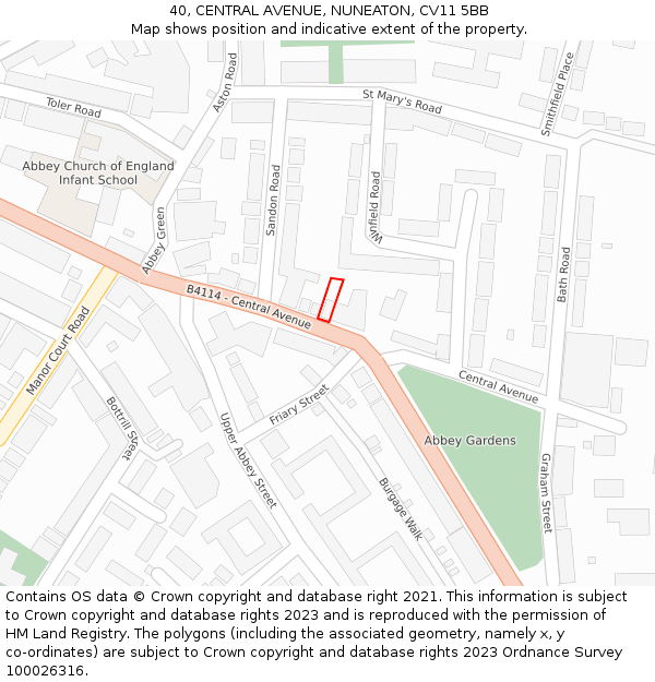 40, CENTRAL AVENUE, NUNEATON, CV11 5BB: Location map and indicative extent of plot