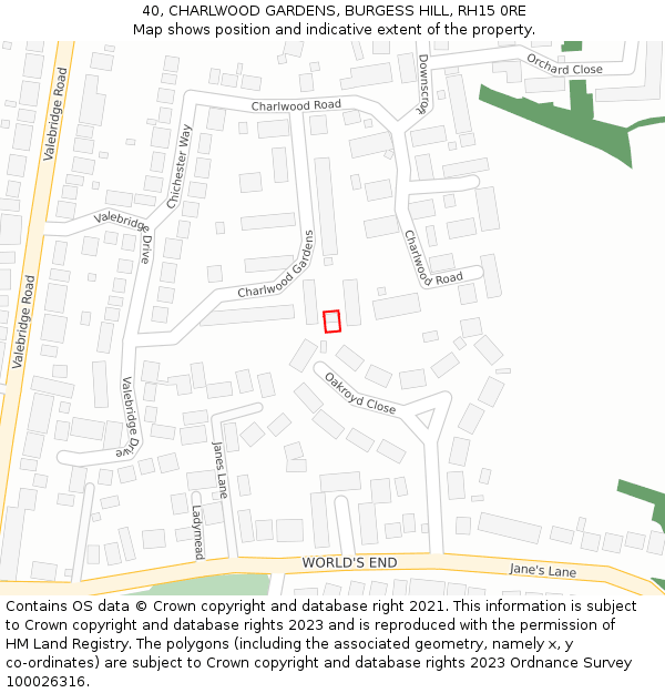 40, CHARLWOOD GARDENS, BURGESS HILL, RH15 0RE: Location map and indicative extent of plot