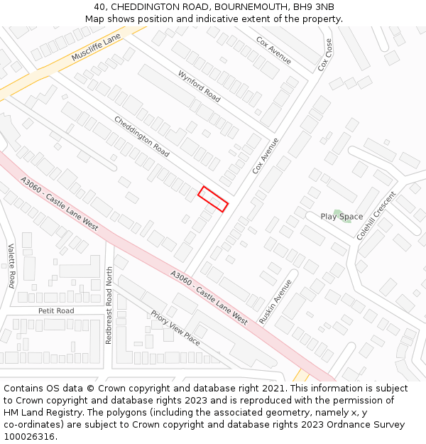 40, CHEDDINGTON ROAD, BOURNEMOUTH, BH9 3NB: Location map and indicative extent of plot
