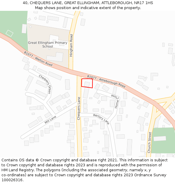 40, CHEQUERS LANE, GREAT ELLINGHAM, ATTLEBOROUGH, NR17 1HS: Location map and indicative extent of plot