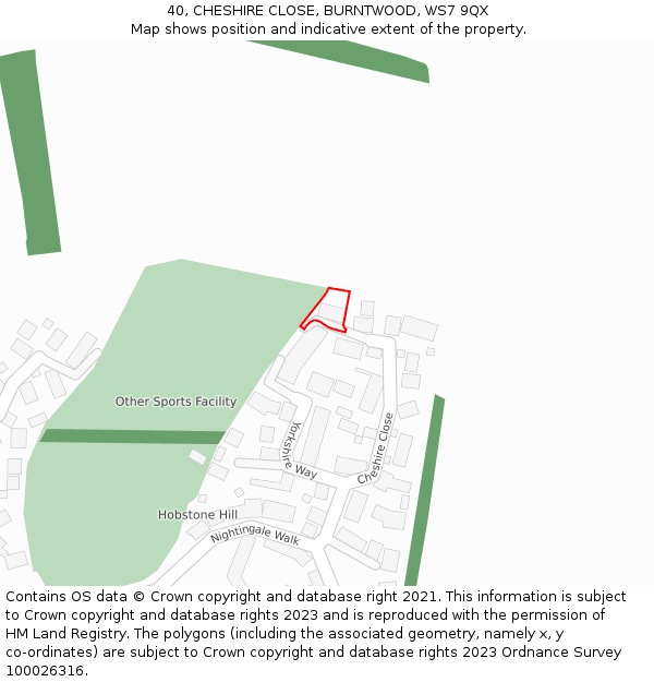 40, CHESHIRE CLOSE, BURNTWOOD, WS7 9QX: Location map and indicative extent of plot