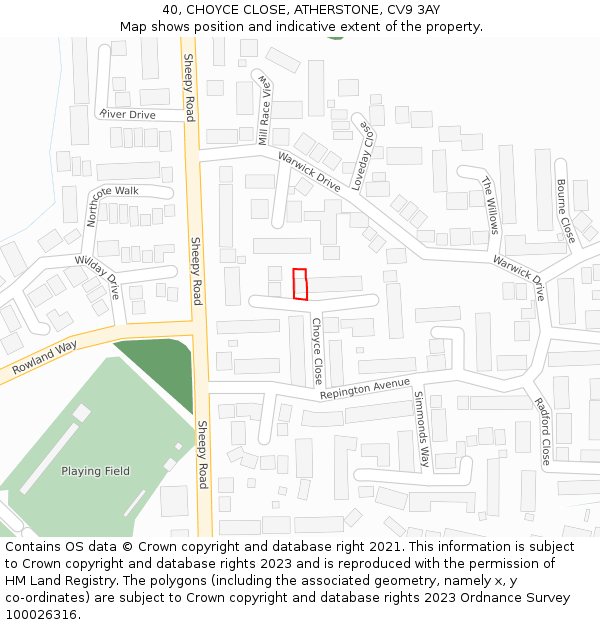 40, CHOYCE CLOSE, ATHERSTONE, CV9 3AY: Location map and indicative extent of plot