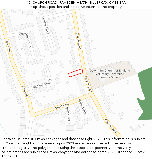 40, CHURCH ROAD, RAMSDEN HEATH, BILLERICAY, CM11 1PA: Location map and indicative extent of plot