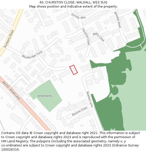 40, CHURSTON CLOSE, WALSALL, WS3 3UQ: Location map and indicative extent of plot