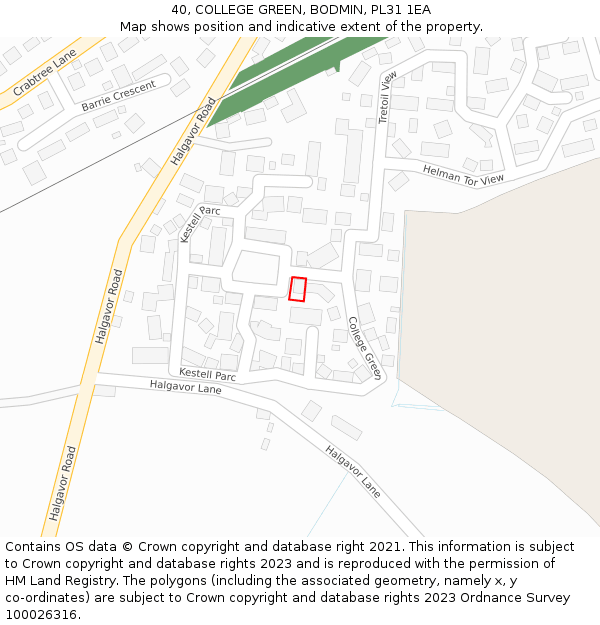 40, COLLEGE GREEN, BODMIN, PL31 1EA: Location map and indicative extent of plot