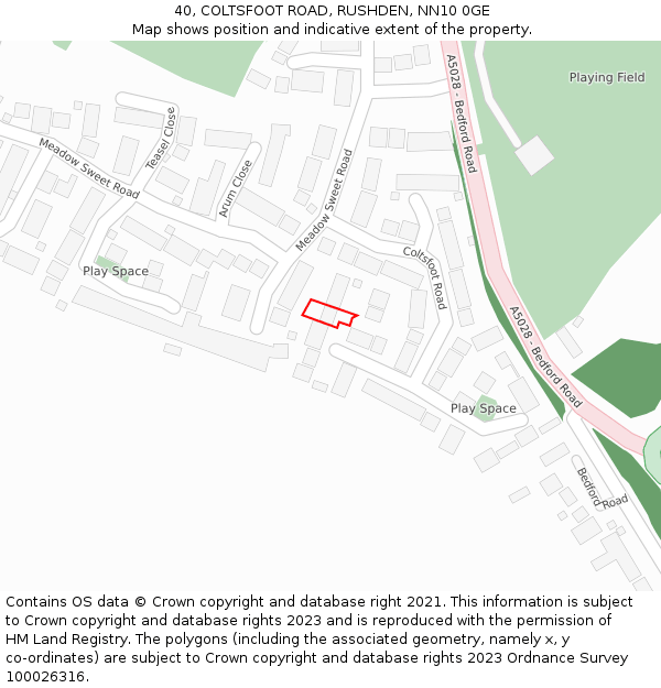 40, COLTSFOOT ROAD, RUSHDEN, NN10 0GE: Location map and indicative extent of plot