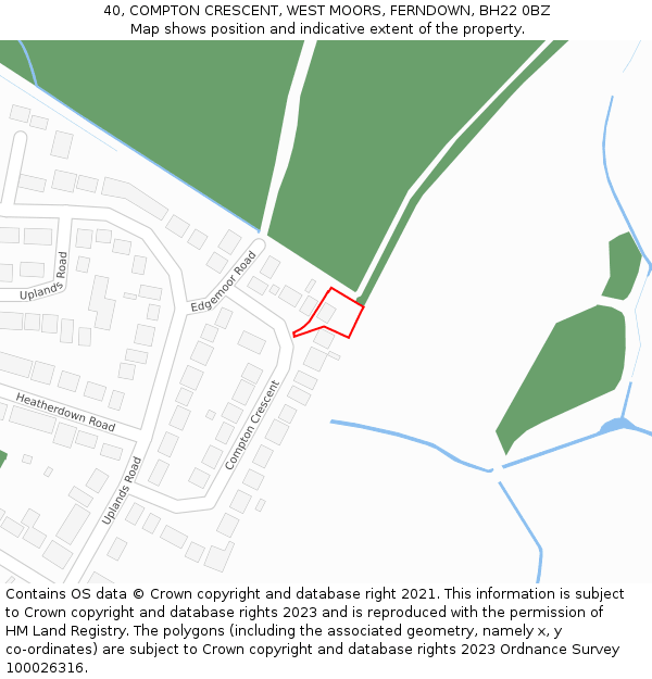 40, COMPTON CRESCENT, WEST MOORS, FERNDOWN, BH22 0BZ: Location map and indicative extent of plot