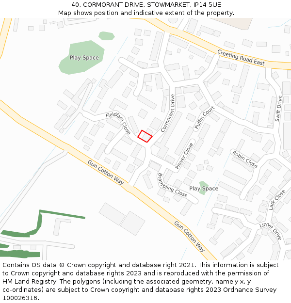 40, CORMORANT DRIVE, STOWMARKET, IP14 5UE: Location map and indicative extent of plot