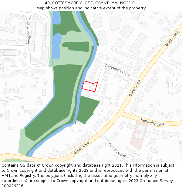 40, COTTESMORE CLOSE, GRANTHAM, NG31 9JL: Location map and indicative extent of plot