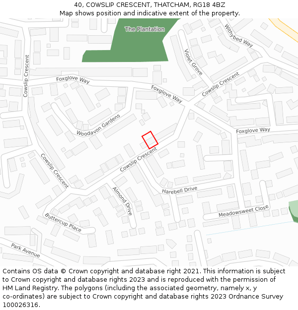 40, COWSLIP CRESCENT, THATCHAM, RG18 4BZ: Location map and indicative extent of plot