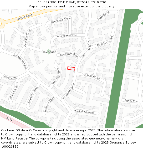 40, CRANBOURNE DRIVE, REDCAR, TS10 2SP: Location map and indicative extent of plot