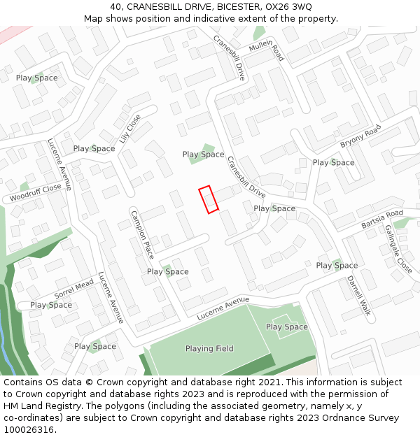 40, CRANESBILL DRIVE, BICESTER, OX26 3WQ: Location map and indicative extent of plot