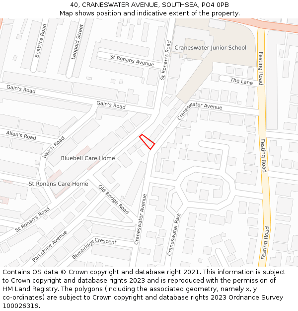 40, CRANESWATER AVENUE, SOUTHSEA, PO4 0PB: Location map and indicative extent of plot