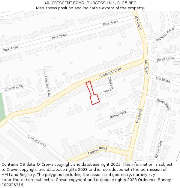 40, CRESCENT ROAD, BURGESS HILL, RH15 8EG: Location map and indicative extent of plot